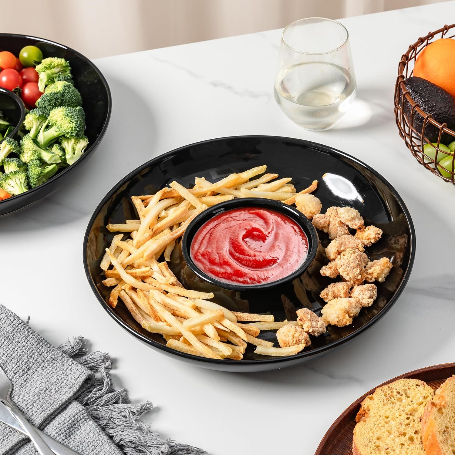LEHAHA Ceramic Chip and Dip Serving Set, 12 Inch Large Divided Bowls Set for Salsa, Veggies, Dip, Appetizers, Snacks, Candy, Fruits-Relish Trays for Parties and Entertaining, Black - Image 4
