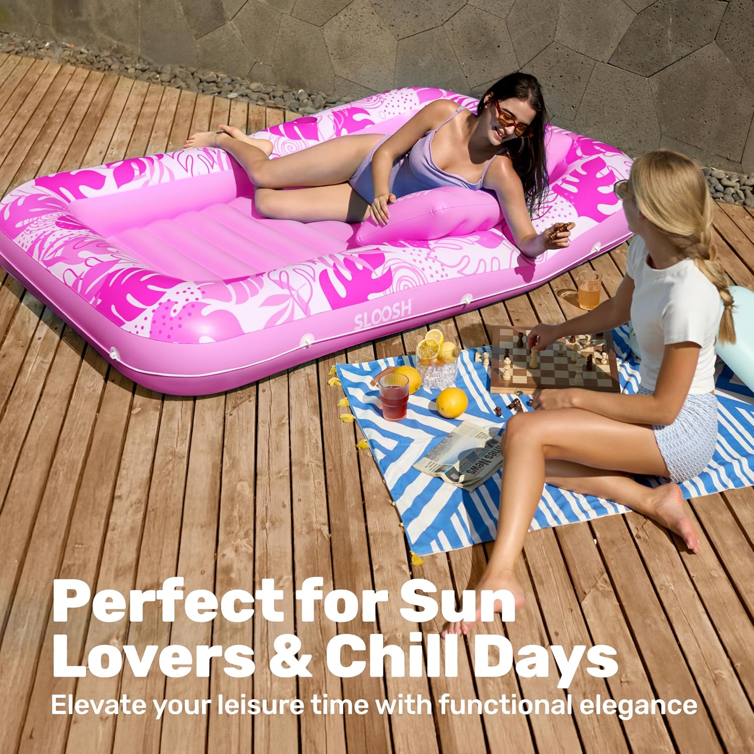 SLOOSH Inflatable Tanning Pool Lounger Float, 85" x 57" Extra Large Pool Floats Adult with Pillow, 4 in 1 Suntan Tub Raft Floatie,Sunbathing Bed Lounge Blow Up Ball Pit Party Gifts, XL-Hot Pink - Image 8