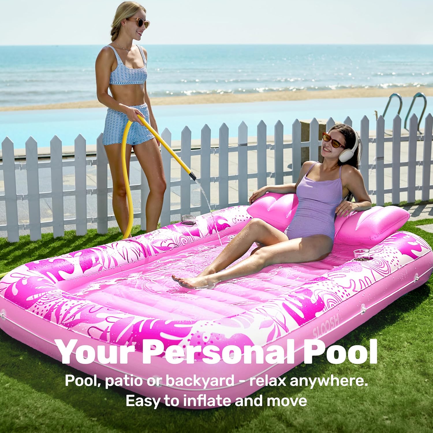 SLOOSH Inflatable Tanning Pool Lounger Float, 85" x 57" Extra Large Pool Floats Adult with Pillow, 4 in 1 Suntan Tub Raft Floatie,Sunbathing Bed Lounge Blow Up Ball Pit Party Gifts, XL-Hot Pink - Image 3