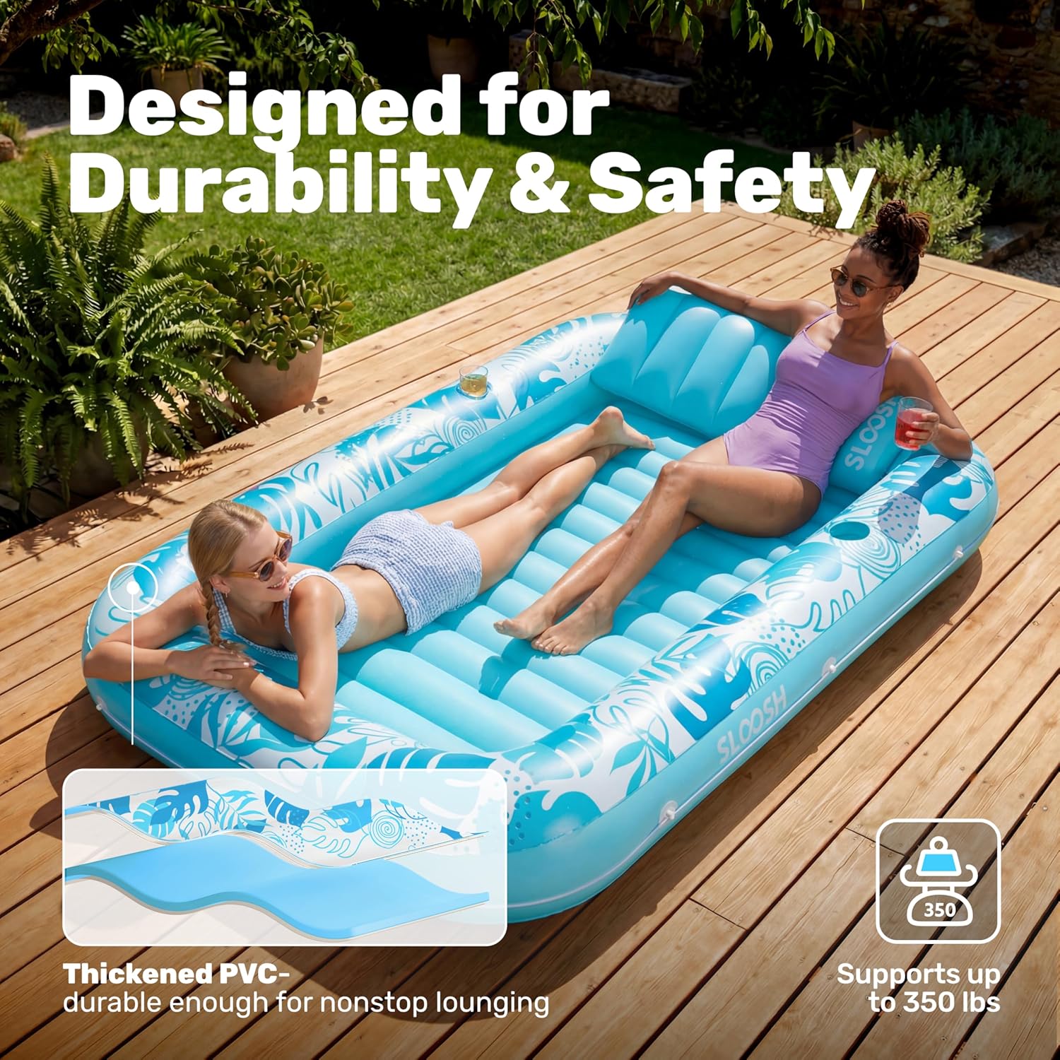SLOOSH Inflatable Tanning Pool Lounger Float, 85" x 57" Extra Large Pool Floats Adult with Pillow, 4 in 1 Suntan Tub Raft Floatie,Sunbathing Bed Lounge for Water Blow Up Ball Pit Party Gifts, XL-Blue - Image 5