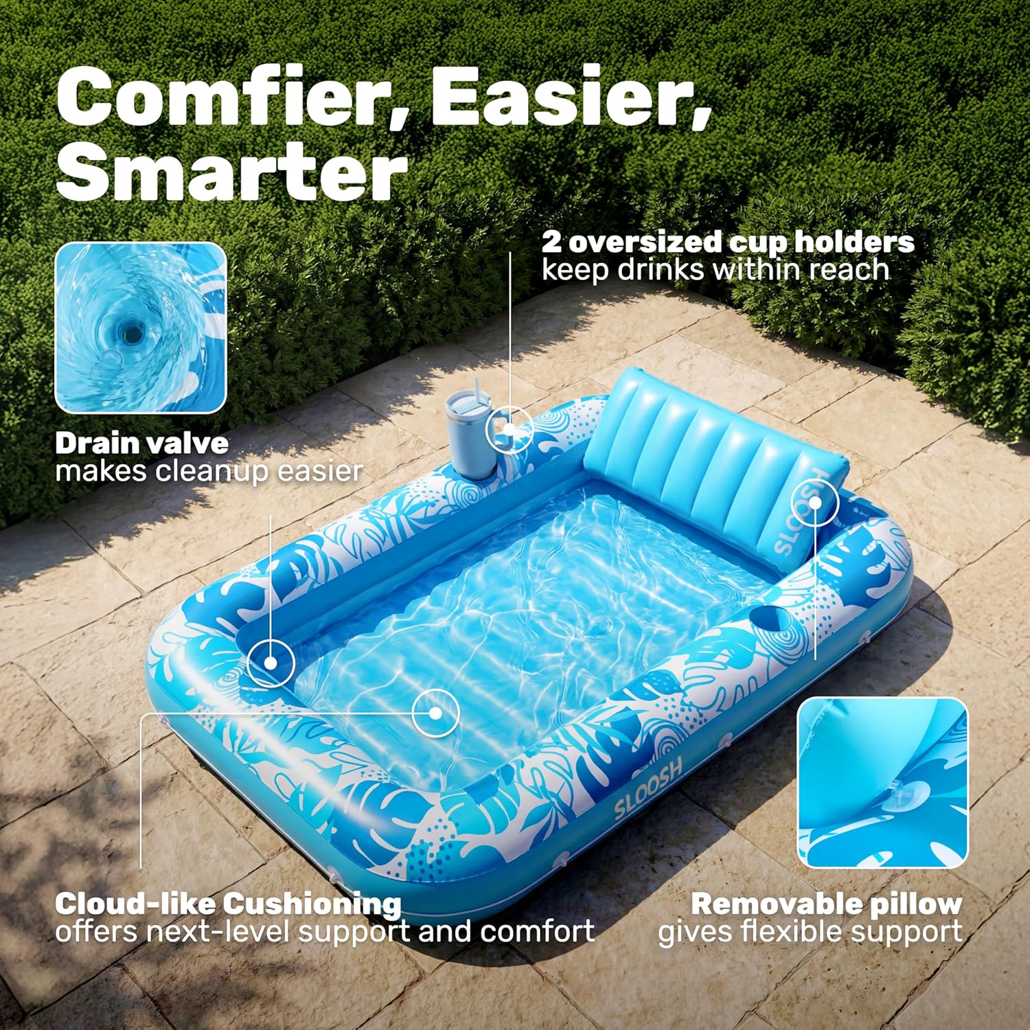 SLOOSH Inflatable Tanning Pool Lounger Float, 85" x 57" Extra Large Pool Floats Adult with Pillow, 4 in 1 Suntan Tub Raft Floatie,Sunbathing Bed Lounge for Water Blow Up Ball Pit Party Gifts, XL-Blue - Image 4