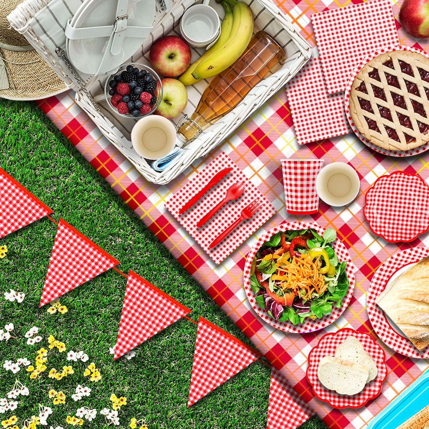 Gatherfun Gingham Red and White Party Supplies Disposable Paper Plates Napkins Cups Knives Spoons Forks Tablecloth Banner for Birthday Party Family Dinner Picnic Barbecue Mother's Day Party, Serve 25 - Image 5