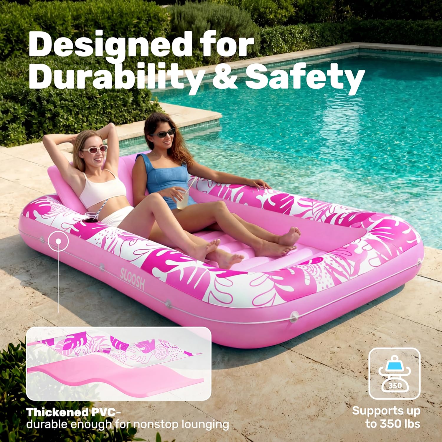 SLOOSH Inflatable Tanning Pool Lounger Float, 85" x 57" Extra Large Pool Floats Adult with Pillow, 4 in 1 Suntan Tub Raft Floatie,Sunbathing Bed Lounge Blow Up Ball Pit Party Gifts, XL-Hot Pink - Image 5