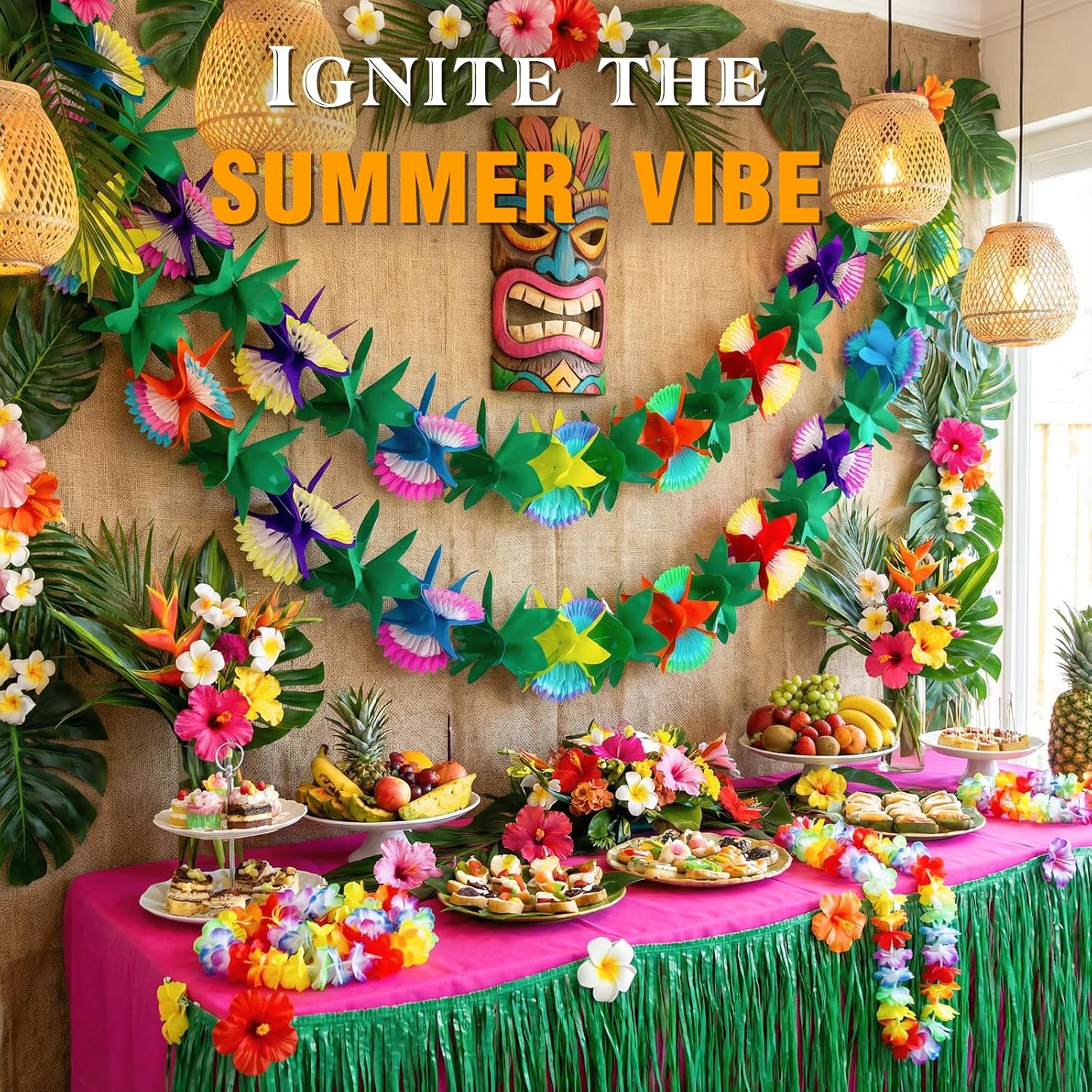 FUTUREPLUSX 2 Pack Tropical Garland Party Decorations, 20ft Multicolored Tissue Paper Hibiscus Flower Summer Banner for Beach Theme Luau Hawaiian Party Supplies Jungle Birthday Decor - Image 2