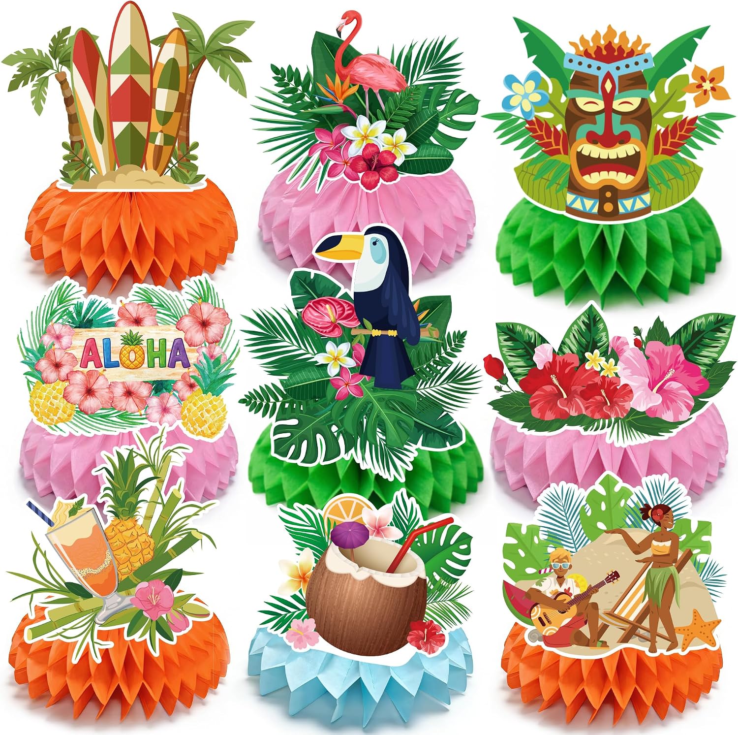 Luau Party Decorations - 9 PCS Hawaiian Honeycomb Table Centerpiece for Tiki and Love Island Hawaiian Theme Party Favors Supplies | Tropical Party Decorations for Summer Beach Pool Birthday Wedding