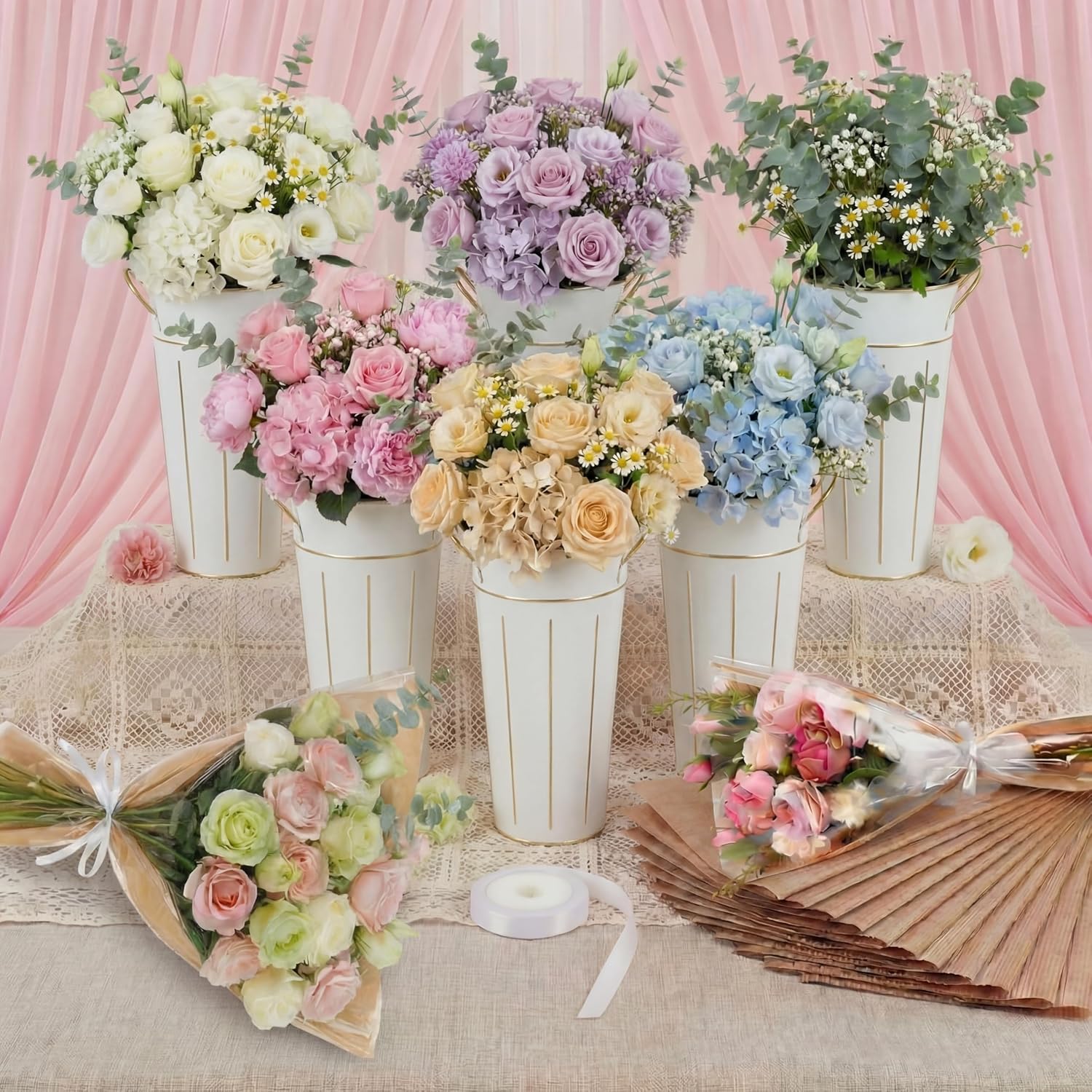 LemonRoad 56 Pcs Flower Bar Buckets Set Kit 6 Pcs Galvanized Bucket Bar 50 Packs Paper Gift Bags for Wedding, Bridal Shower, Graduation Birthday Table Centerpiece(Transparent,Galvanized Iron,11.8inch)