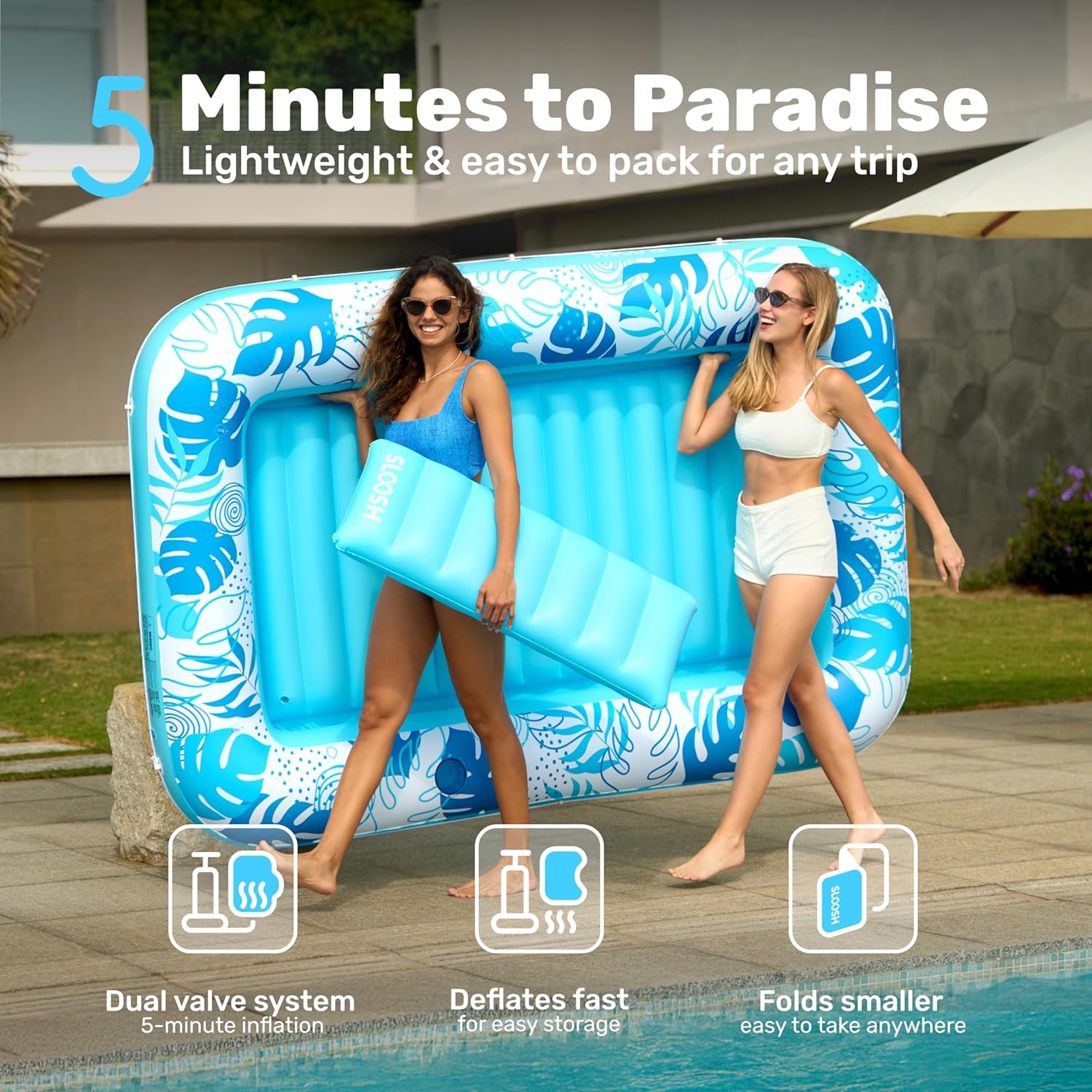 SLOOSH Inflatable Tanning Pool Lounger Float, 85" x 57" Extra Large Pool Floats Adult with Pillow, 4 in 1 Suntan Tub Raft Floatie,Sunbathing Bed Lounge for Water Blow Up Ball Pit Party Gifts, XL-Blue - Image 6