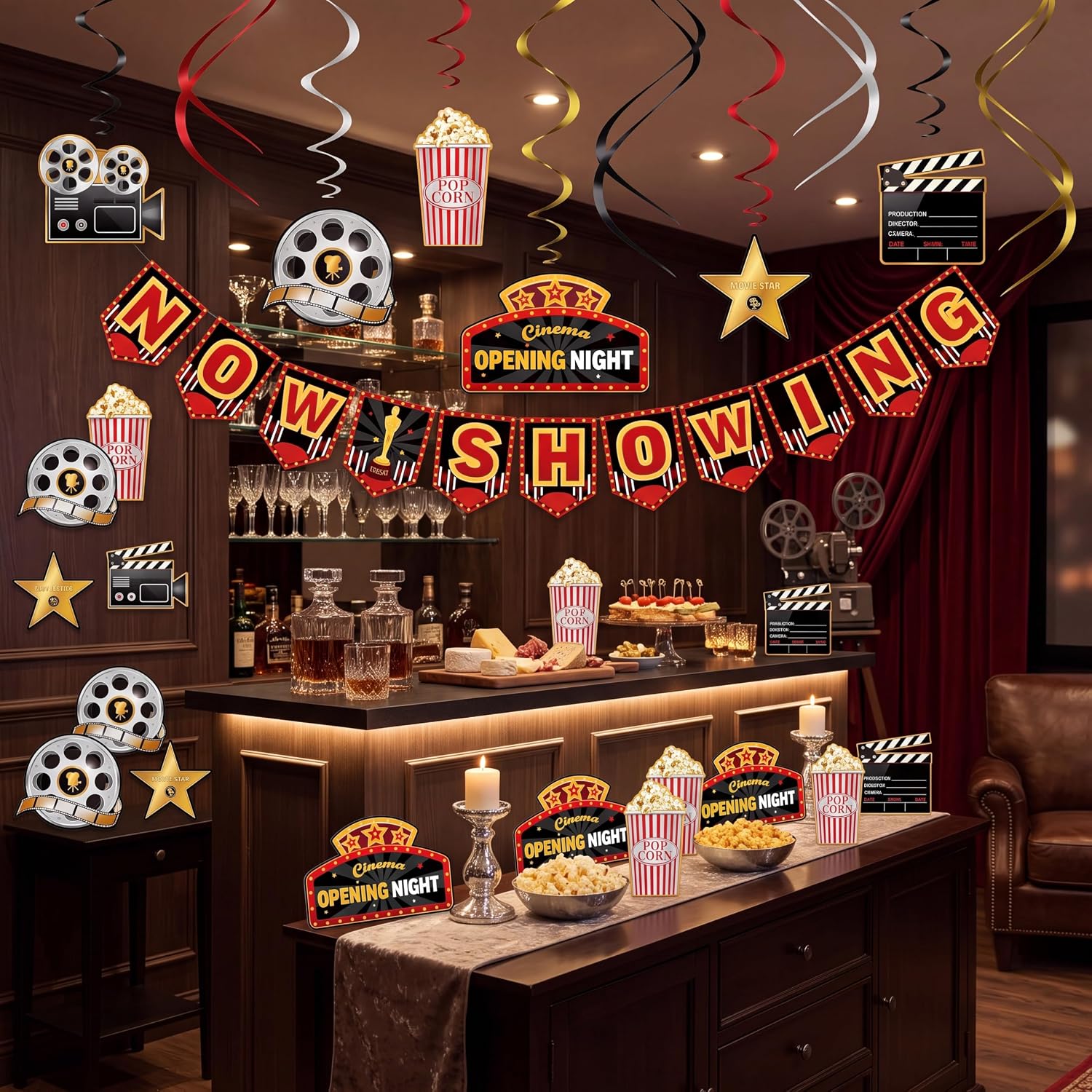 45 Pieces Movie Night Decorations Party Decorations Kit Now Showing Banner Hanging Swirls Movie Theater Themed for Bridal Shower Birthday Party Supplies Film Backdrop - Image 6