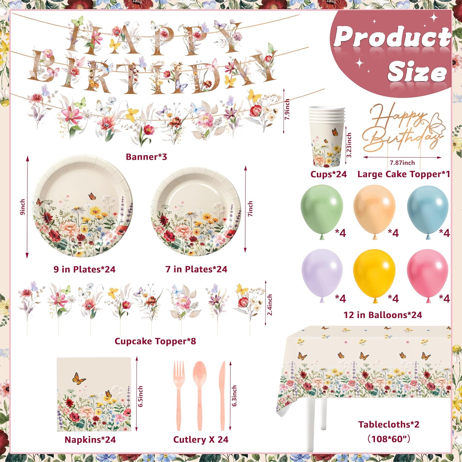 BORAMDO 206 PCS Wildflower Birthday Party Decoration,Spring Floral Baby Shower Decor with Plates Napkins Cups Cutlery Tablecloths Cake Toppers Banner Balloons for Flower Garden Party Supplies(Vintage) - Image 2