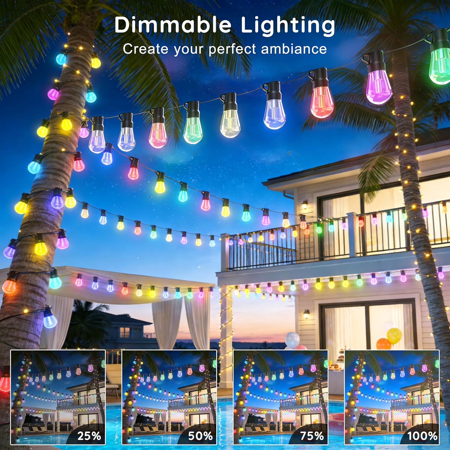 300FT RGB+IC Outdoor String Lights, Dimmable Shatterproof LED Bulbs, IP67 Waterproof DreamColor Chasing Lights, Multicolor Dynamic Lighting for Patio Balcony Garden & Outdoor Living Area Decoration - Image 7
