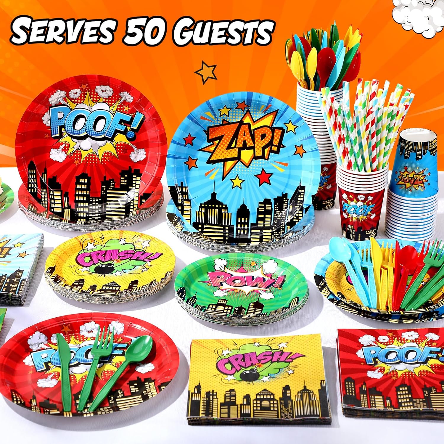 450 Pcs Hero Theme Tableware Set Decorations, Hero Action Themed Disposable Paper Plates Napkins Cups Cutlery Straws for Comic Birthday Baby Shower Party Supplies, Dinnerware Serves 50 - Image 6