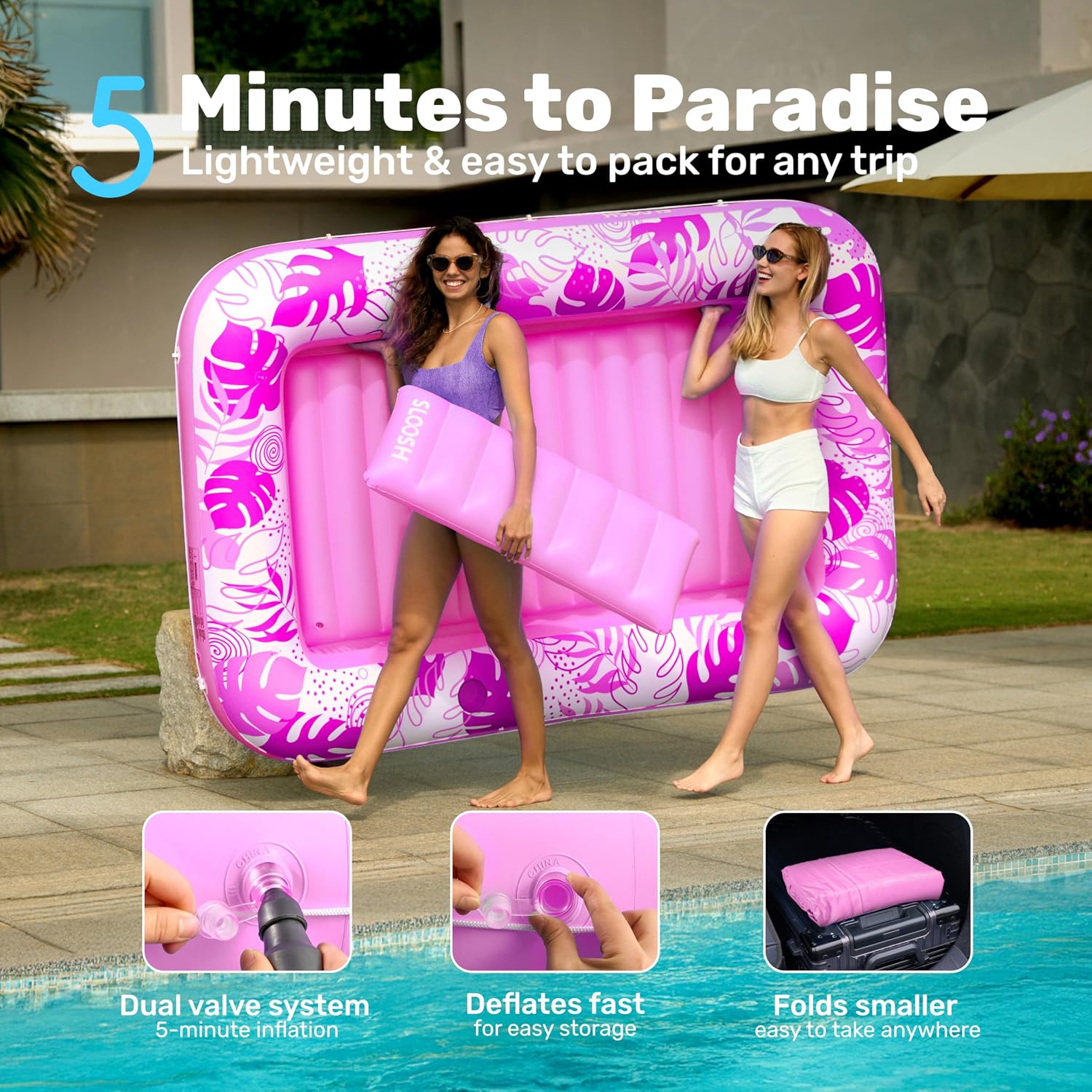 SLOOSH Inflatable Tanning Pool Lounger Float, 85" x 57" Extra Large Pool Floats Adult with Pillow, 4 in 1 Suntan Tub Raft Floatie,Sunbathing Bed Lounge Blow Up Ball Pit Party Gifts, XL-Hot Pink - Image 6