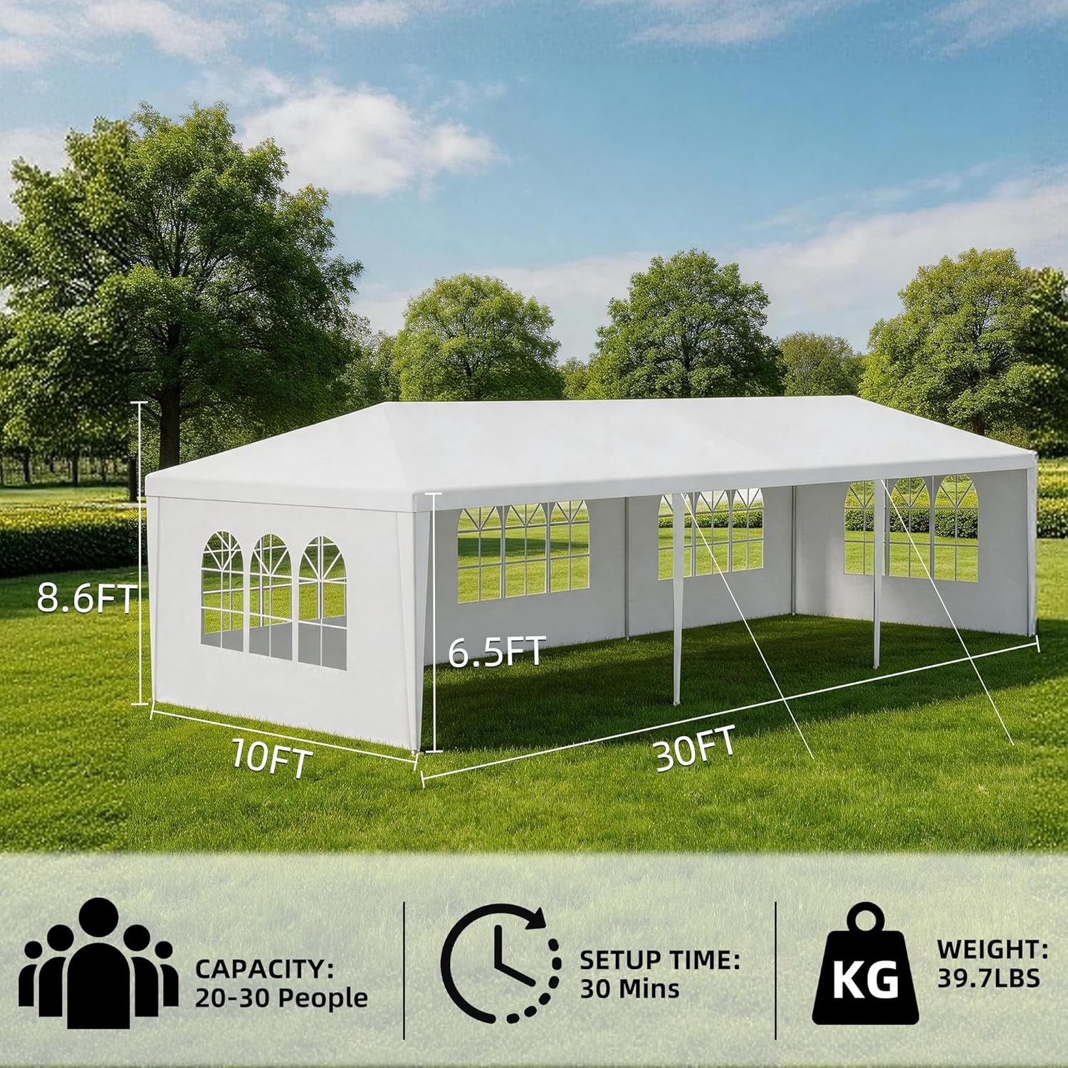 Outdoor 10' x 30' White Party Canopy Tent with 8 Removable Sidewalls, Party Shade Shelter Feet Tent with Transparent Windows for Backyard,BBQ, Weddings, Gatherings, Events (White, 3 * 9) - Image 2