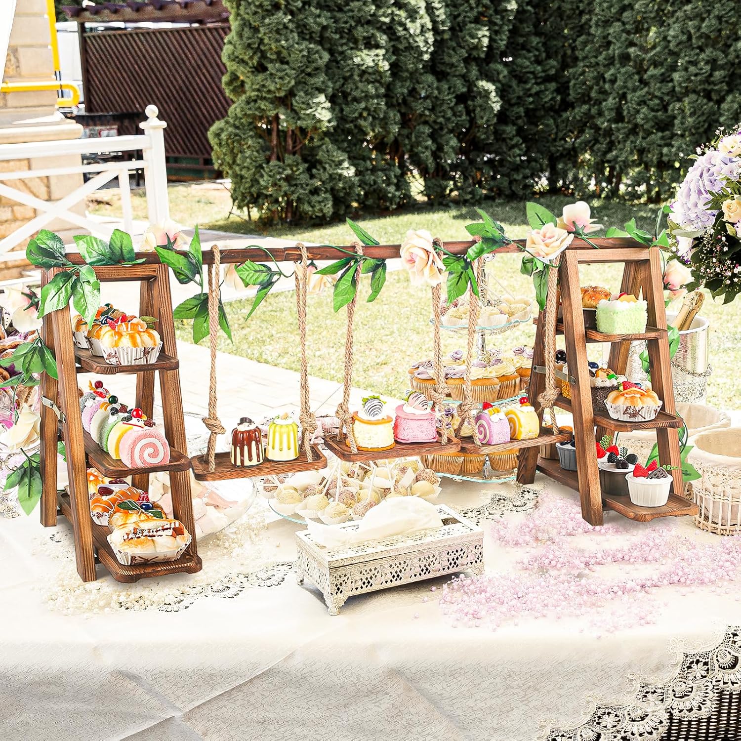 Wisreach Upgraded Large Wooden 3 Tier Swing Cupcake Stand with Flower Decor, Removable Trays, Foldable Ladder Display for Cake, Snacks, Fruit, Bread, Party & Catering Centerpieces - Image 8