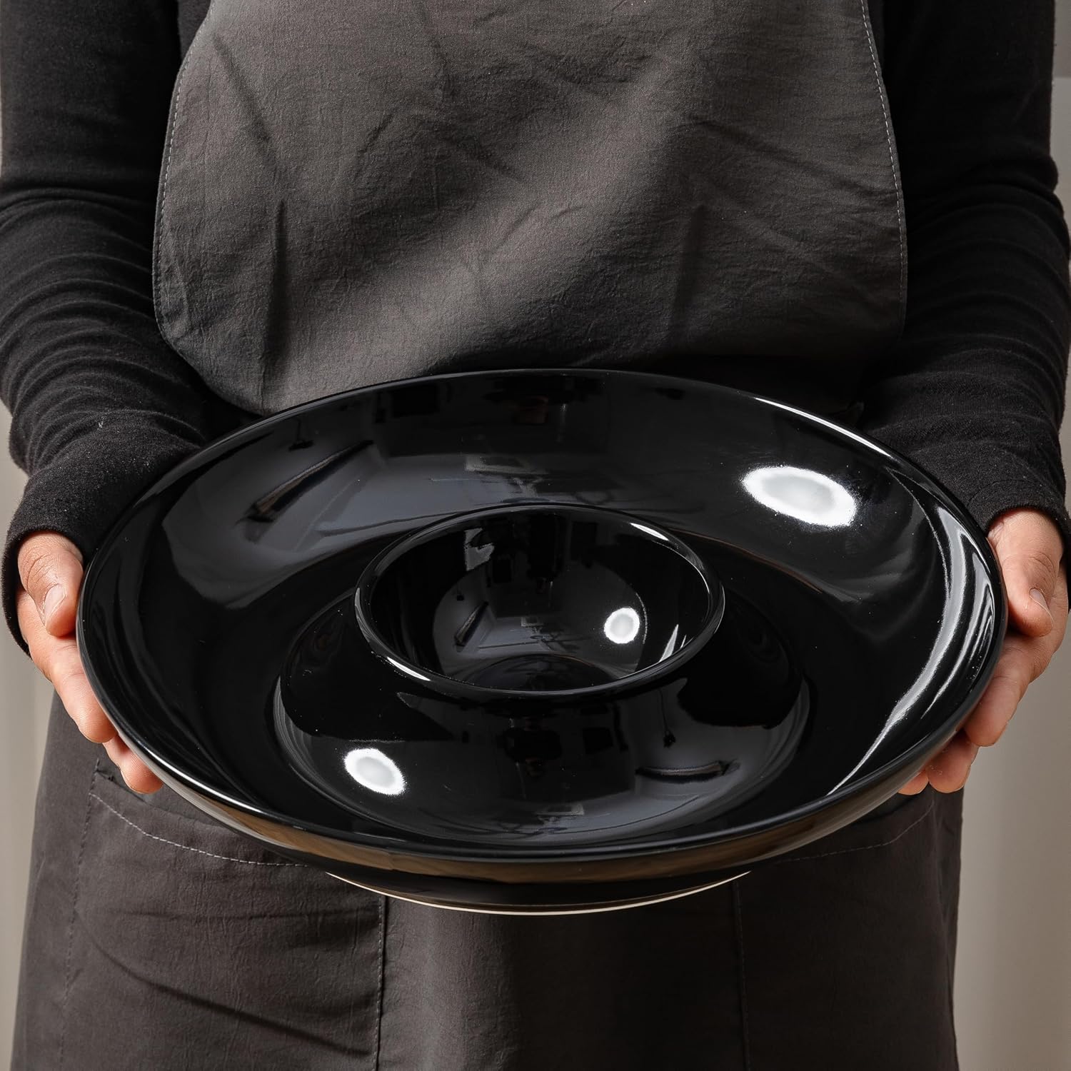 LEHAHA Ceramic Chip and Dip Serving Set, 12 Inch Large Divided Bowls Set for Salsa, Veggies, Dip, Appetizers, Snacks, Candy, Fruits-Relish Trays for Parties and Entertaining, Black - Image 5