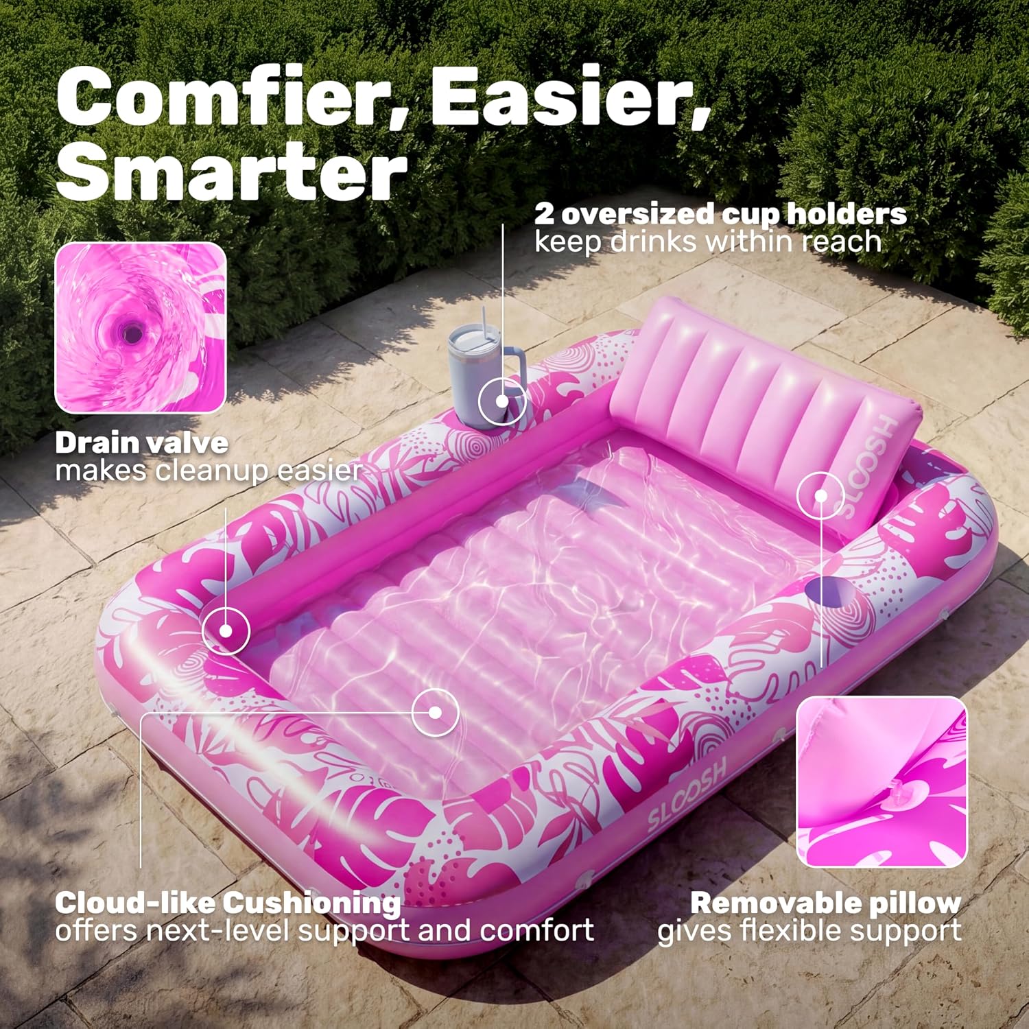SLOOSH Inflatable Tanning Pool Lounger Float, 85" x 57" Extra Large Pool Floats Adult with Pillow, 4 in 1 Suntan Tub Raft Floatie,Sunbathing Bed Lounge Blow Up Ball Pit Party Gifts, XL-Hot Pink - Image 4