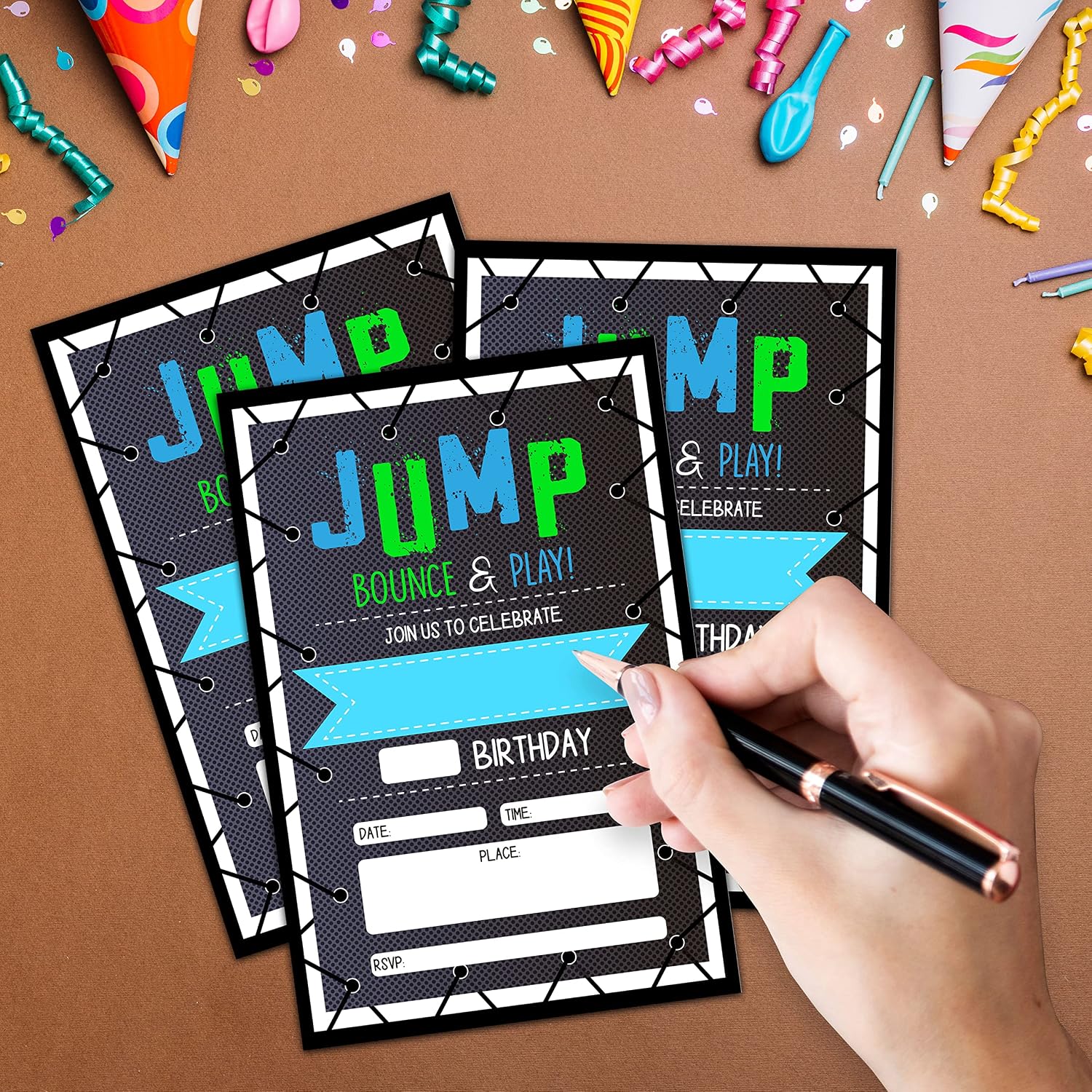 CLIRBE Trampoline Jump Birthday Party Invitations, Bounce House Birthday Invitations For Boys Girls, Kids Birthday Invites, Theme Birthday Party Decorations, 20 Invitations with 20 Envelopes - B02 - Image 4