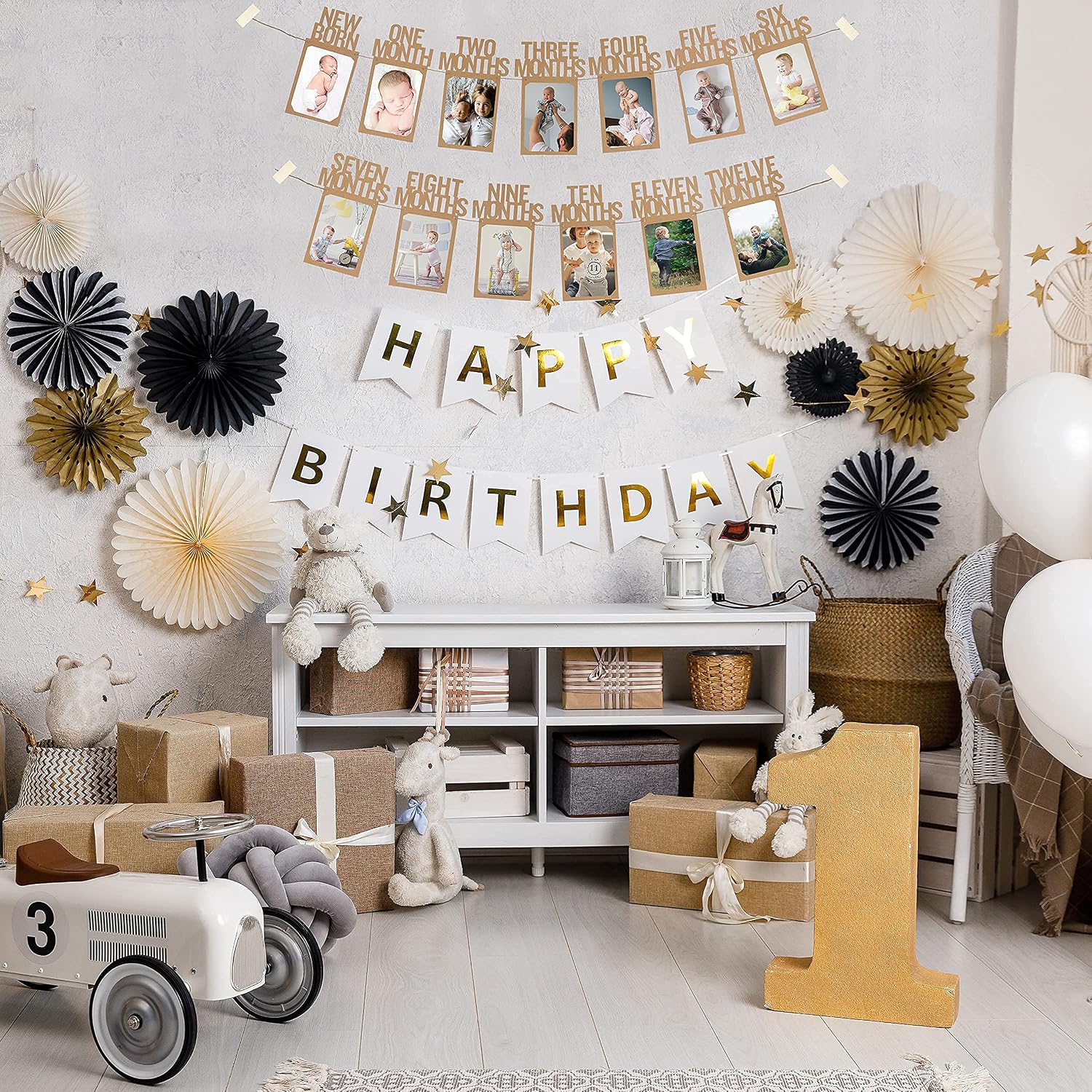PartyHooman 1st Birthday Photo Banner for Baby from Newborn to 12 Months, First Birthday Decorations Boy or Girl Monthly Milestones Garland | 1 Year Old Photo Banner Pre-strung with Frame (Kraft) - Image 5