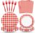 100 Pcs Red White Gingham Party Supplies Set, Serves 25 – Disposable Checkered Paper Plates, Napkins, and Forks, Classic Picnic Themed Tableware for BBQ, Outdoor, Birthday, Holiday Party Decorations