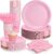 Light Pink Plates and Napkins Party Supplies, Include 9’’ Pink Disposable Paper Plate, 7’’ Dessert Plates Cups Napkins Forks Set for Birthday, Baby Shower Wedding, Party Decorations for Serves 25