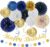 Navy-Blue White Gold Birthday Party-decorations – 21pcs Men Boys Adult Happy Banner Garland, Royal Paper Streamers Lanterns,Flower Tissue Pom Poms Fan Supplies, Wall Backdrop Decor Huglony