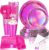 Hot Pink Iridescent Plates and Napkins Party Supplies Set for 24 Guests, Disposable 9’’ and 7” Holographic Paper Plates, Cups, Forks, Napkins Tableware for Mermaid, Birthday Party Decorations