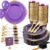 Nervure 175PCS Purple Plastic Plates – Disposable Purple Gold Party Plates & Pre Rolled Napkins with Cutlery for 25 Guests, 50Plates, 75Silverware, 25Cups, 25Napkin for Wedding & Party