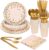 Goodlluck 175PCS Pink Gold Foil Polka Dot Disposable Party Tableware Set, 25 Guests | 9″ & 7″ Golden Dot Disposable Paper Plates, 9oz Cups, Napkins & Gold Cutlery for Birthday, Wedding & Baby Shower